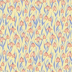 an abstract floral pattern with blue and red flowers on a yellow background is featured in this image