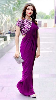 Magenta Saree With Designer Blouse Magenta Saree Contrast Blouse, Purple Blouse With Traditional Drape For Reception, Purple Traditional Drape Blouse For Reception, Traditional Drape Purple Blouse For Reception, Elegant Purple Blouse For Reception, Fitted Purple Pre-draped Saree With Mirror Work, Purple Zari Work Evening Dress, Formal Blouse With Mirror Work In Traditional Drape, Purple Evening Dress With Zari Work