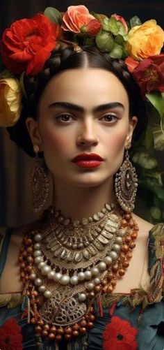 a woman with flowers in her hair and jewelry on her head, wearing an elaborate necklace