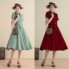 "This swing dress is a 50s inspired shirtwaist dress , featuring classic open neck, notched collar, and center front button closure, finished with a swing skirt, and handy side seam pockets. DETAILS * More colors available https://etsy.me/3mbD96d * 50% linen ,50% cotton * Two seam pockets * Front Button up closure * Short sleeve * Notched collar * Pleated dress * Below knee Length * Perfect for Spring, Summer * Wash by hand or machine with cold water * The model is 170cm (5′7″) tall with a 80cm Vintage A-line Dress With Buttons, Classic A-line Vintage Dress With Buttons, Classic A-line Vintage Dress With Button Closure, Summer Dresses With Stand Collar And Buttons, 1950s Style Dresses With Buttons, Vintage 1950s Collared Dress, 1950s Style A-line Vintage Dress With Buttons, 1950s Style Knee-length Dress With Button Closure, Casual Vintage Knee-length Dress With Buttons