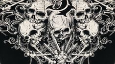 skulls and swords are depicted in this black and white drawing by the artist, john moore