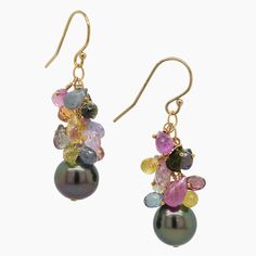 Gold, Pearl & Stone Earrings - These fabulous, eye-catching earrings boast multi-colored sapphire briolettes clustered together with black Tahitian pearls. Dangling from handmade chains, they feature gold-filled ear wires. Elegant Multicolor Pearl Drop Earrings, Elegant Multicolor Dangle Pearl Earrings, Elegant Multicolor Jewelry With Dangling Beads, Multicolor Multi-stone Briolette Earrings, Multicolor Briolette Multi-stone Earrings, Handmade Chains, Pearl Earrings Handmade, Tahitian Pearl Earrings, Pearl Cluster Earrings