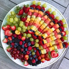 a white plate topped with fruit on top of a wooden table next to watermelon, grapes and strawberries