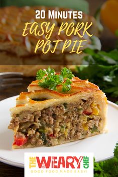 a piece of quiche on a plate with the title 20 minutes easy pork pot pie