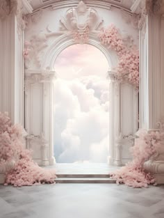 an open doorway with pink flowers and clouds in the sky behind it, surrounded by columns