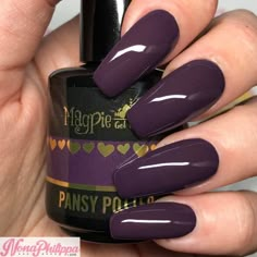 Pansy Potter is a deep raisin purple. Magpie Gel Polishes are formulated with the highest quality, adhere to the strict EU regulations and are fully manufactured in the UK. Magpie Gel Polish is 100% pure gel which offers more durability without any of issues that come from hybrid gel polishes. Magpie Gel Polish benefits include: does not dry or thin the natural nail excellent adhesion (no aggressive nail prep or filing needed) beautiful creamy texture applies easily and does not run into the cut Solid Nails, 2024 Colors, Plum Nails, Fall Gel Nails, Nail Prep, Simple Gel Nails, Colorful Nail Designs, Fall Nail Colors