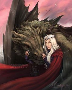 a woman with white hair standing next to a dragon