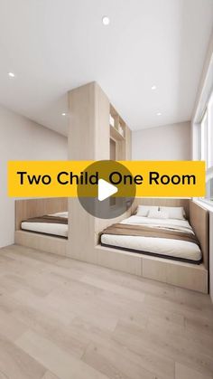 two children's bunk beds in a room with wood floors and white walls, the text overlay reads two child one room