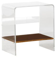 an acrylic shelf with a wooden top and two shelves on each one side