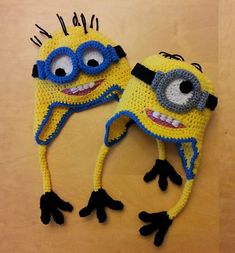 two crocheted hats made to look like minion characters