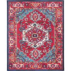 a red and blue rug with an ornate design on the center, in various colors