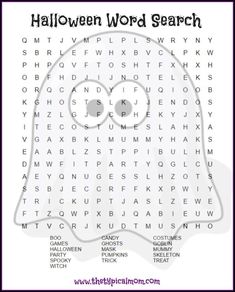 a halloween word search with the words on it and an image of a ghost's head