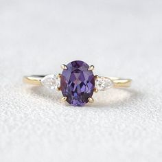 Oval Engagement Ring Rose Gold, Amethyst Ring Engagement, Oval Cut Engagement Ring, Alexandrite Engagement Ring, Solid Gold Band, Alexandrite Ring, Oval Engagement, Gold Rings Jewelry, Three Stone Engagement