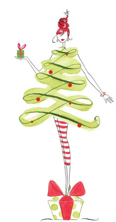 a drawing of a woman standing on top of a christmas tree with presents in her hands