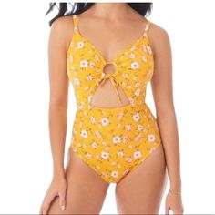 It’s A Yellow Orange With White Pink Flower . All New. Ready To Go .. Fr: Usa Stretch Orange One-piece For The Beach, One-piece Orange Swimwear For Sunbathing, Stretch Yellow One-piece Beachwear, Yellow Stretch One-piece Beachwear, Underwire Bathing Suits, Orange One-piece Swimwear With Floral Print, Shaping Swimsuit, Black And White Swimsuit, Tankini Swimsuit Top