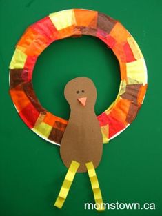 a paper plate turkey wreath with the words, footprints on it and a green background