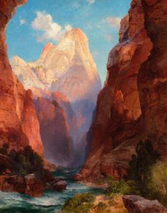 an image of a painting of mountains and water