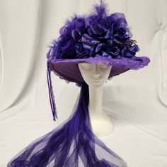 Original Vintage Elsie Massey Victorian Touring Hat Ladies Classic Purple Purple Satin Pleated Top With Silky Large Purple Roses In Front Accented With Purple Pearls, Purple Feathers And A Purple Ribbon And Lace Bow On The Side. Finished Off With A Purple English Netting Train On The Back. 4.25" Brim, 5" Tall, 21.5" Interior Em532pu Fitted Hats For Kentucky Derby Costume, Purple Feathers, Large Brim Hat, Types Of Hats, Purple Feather, Pleated Top, Pleat Top, Purple Pearl, Purple Ribbon