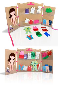 an open cardboard box with clothes on it and a cutout of a woman's body