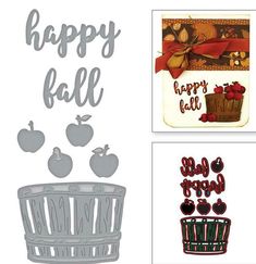 three different types of happy fall cards with apples and an apple basket in the background