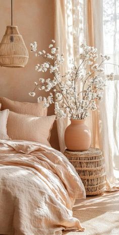 a bed with pillows and blankets in a room next to a vase filled with flowers