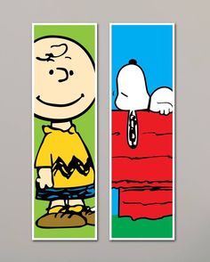 two bookmarks depicting the characters of charlie brown and snoopy, one with a yellow shirt