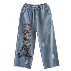 Details: Gender: Women Item Type: Jeans Material: Cotton Season: Summer Pattern: Floral Embroidery Style: Casual, Loose, Retro Waist Type: Elastic Waist Size: M Waist: 66.00 - 92.00 cm/ 25.98 - 36.22 " Length: 86.00 cm/ 33.86 " Hip: 106.00 cm/ 41.73 " Thigh: 64.00 cm/ 25.20 " Size: L Waist: 70.00 - 96.00 cm/ 27.56 - 37.80 " Length: 87.00 cm/ 34.25 " Hip: 110.00 cm/ 43.31 " Thigh: 66.00 cm/ 25.98 " Size: XL Waist: 74.00 - 100.00 cm/ 29.13 - 39.37 " Length: 88.00 cm/ 34.65 " Hip: 114.00 cm/ 44.88 Baggy Jeans For Women, Cropped Denim Pants, Estilo Denim, Jean Large, Mode Jeans, Summer Pattern, Floral Retro, Embroidered Neckline, Jeans Material