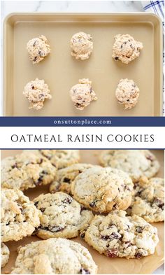 oatmeal raisin cookies on a baking sheet with the title in the middle