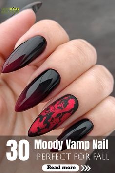 30 moody vamp nail designs with black and red polish, perfect for fall. Vampy Nails, Bold Nails, Burgundy Shades, Vampire Nails, Purple Manicure, Pedi Ideas, Sunflower Nails, Fall Is Coming, Dark And Moody