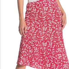 A Flounced Asymmetrical Hem Adds A Flowy Look To This Ditsy Print Midi Skirt. Fit: Junior's Sizing Xxs=000-00, Xs=0-1, S=3-5, M=7-9, L=11-13, Xl=15 - Concealed Back Hook-And-Eye Zip Closure - Split Side - Midi Length - Flounce Hem - Asymmetrical Hem Red Flowy Casual Skirt, Spring Red Skirt For Brunch, Red Skirt With Asymmetrical Hem, Red Floral Print Skirt For Spring, Casual Red Skirt For Brunch, Red Knee-length Skirt For Spring, Red Midi-length Summer Bottoms, Red Midi Length Bottoms For Summer, Trendy Red Skirt For Spring