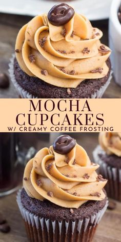 chocolate cupcakes with cream frosting on top and coffee in the back ground