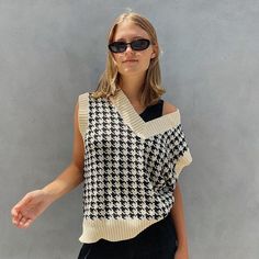 Houndstooth Sweater Vest, Little Black Dress Outfit, V Neck Design, Strapless Sundress, Houndstooth Sweater, Vegan Leather Leggings, Classic White Shirt, Hounds Tooth, Black Dress Outfits