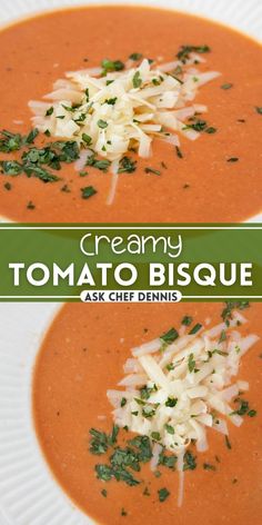 two bowls of creamy tomato bisque with parmesan cheese on top