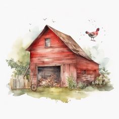 a watercolor painting of a red barn with a chicken on the roof and birds flying around