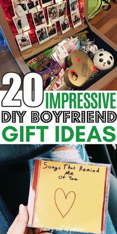 an open suitcase filled with pictures and writing on the inside, next to a handwritten note that says 20 impressive diy boyfriend gift ideas