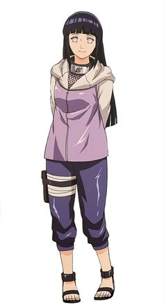 an anime character with black hair wearing purple pants and a hoodie, standing in front of