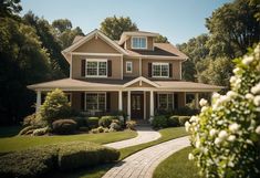 a large brown house with lots of windows and bushes in front of the house on a sunny day