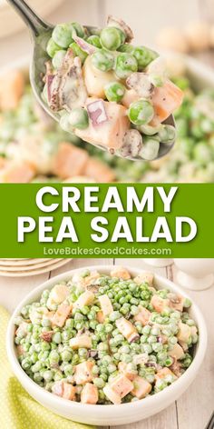 Creamy Pea Salad pin collage Easter Side Dish Recipes, Spring Salad Ideas, Classic Pea Salad, Creamy Pea Salad, Peas Bacon, Pea Salad With Bacon, Green Pea Salad, Easter Side Dishes Recipes, Pea Salad Recipes