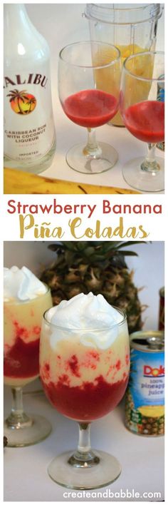 strawberry banana pina colas with whipped cream in them