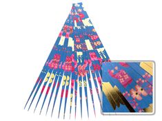 a blue and pink umbrella with flowers on it's side next to a white background