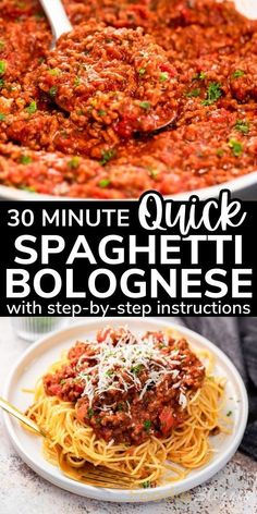 spaghetti with sauce and parmesan cheese is shown in this collage for 30 minute quick spaghetti bolognzose