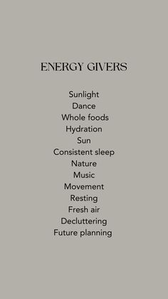 the energy givers list is shown in black and white, with words above it