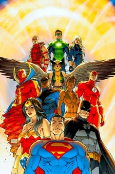 an image of the dc comics characters in front of a sunbeamed sky with their arms around each other