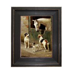 a painting of three dogs and a horse in a stable with a dog looking on