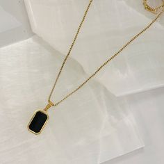 BLACK ENAMEL PENDANT necklace Everyday Black Engraved Necklaces, Everyday Black Engraved Necklace, Black Engraved Rectangular Pendant Necklaces, Black Engraved Rectangular Pendant Necklace, Black Stainless Steel Pendant Charm Necklace, Black Tarnish-resistant Charm Necklace As Gift, Minimalist Black Engraved Necklaces, Minimalist Black Engraved Necklace, Gold Stainless Steel Necklace With Rectangular Pendant