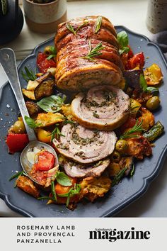 a blue plate topped with meat and veggies