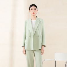 Grey Green Double Breasted Suit Blazer - SHIMENG Solid Notch Lapel Summer Suit, Summer Solid Suits With Notch Lapel, Solid Summer Suits With Notch Lapel, Summer Solid Color Notch Lapel Suits, Casual Semi-formal Spring Suits, Semi-formal Spring Casual Suits, Elegant Solid Color Summer Suits, Tailored Solid Suits For Summer, Tailored Casual Spring Suits