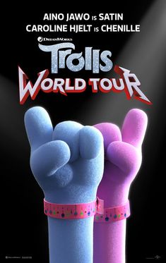 a poster for the movie's world tour with two hands in pink and blue