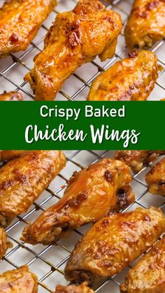 crispy baked chicken wings on a grill with the words crispy baked chicken wings