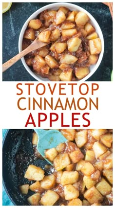 two pictures with the words stovetop cinnamon apples in them and an image of a bowl filled